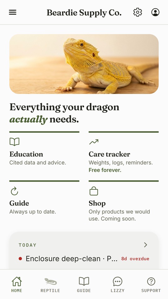 A tour of the Beardie app: guide, weight chart, symptoms, Lizzy, food checker and reminders