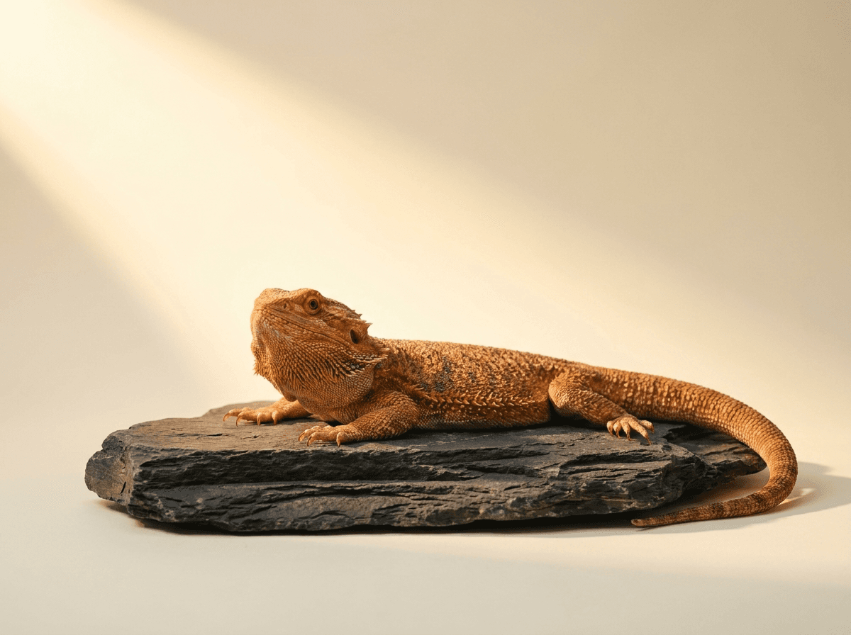 Bearded dragon basking under correct UVB lighting