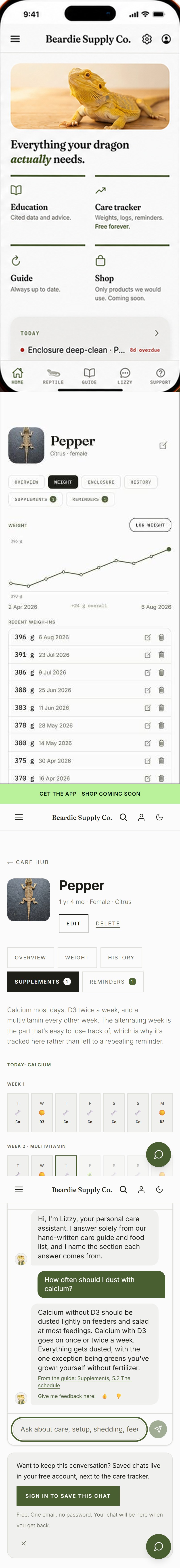 A tour of the Beardie app: the home screen, a dragon's record, the weight chart and a conversation with Lizzy