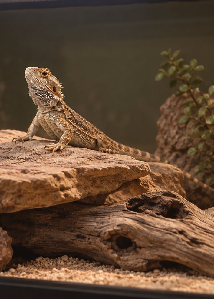 A bearded dragon basking under a T5 HO UVB tube, with a UV index meter reading 4.2 beside it